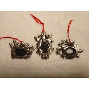 Set Of 3 Pewter Christmas Angel Picture Frame With Red Ribbon Ornaments